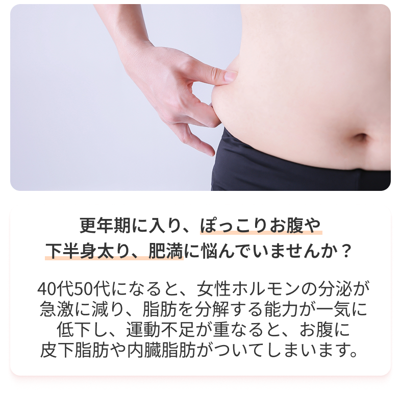 更年期に入り、ぽっこりお腹や 下半身太り、肥満に悩んでいませんか？40代50代になると、女性ホルモンの分泌が 急激に減り、脂肪を分解する能力が一気に 低下し、運動不足が重なると、お腹に 皮下脂肪や内臓脂肪がついてしまいます。