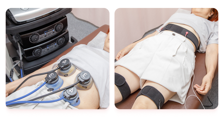 京大教授開発の最新の寝たまま電気筋トレ機器を施術している女性
